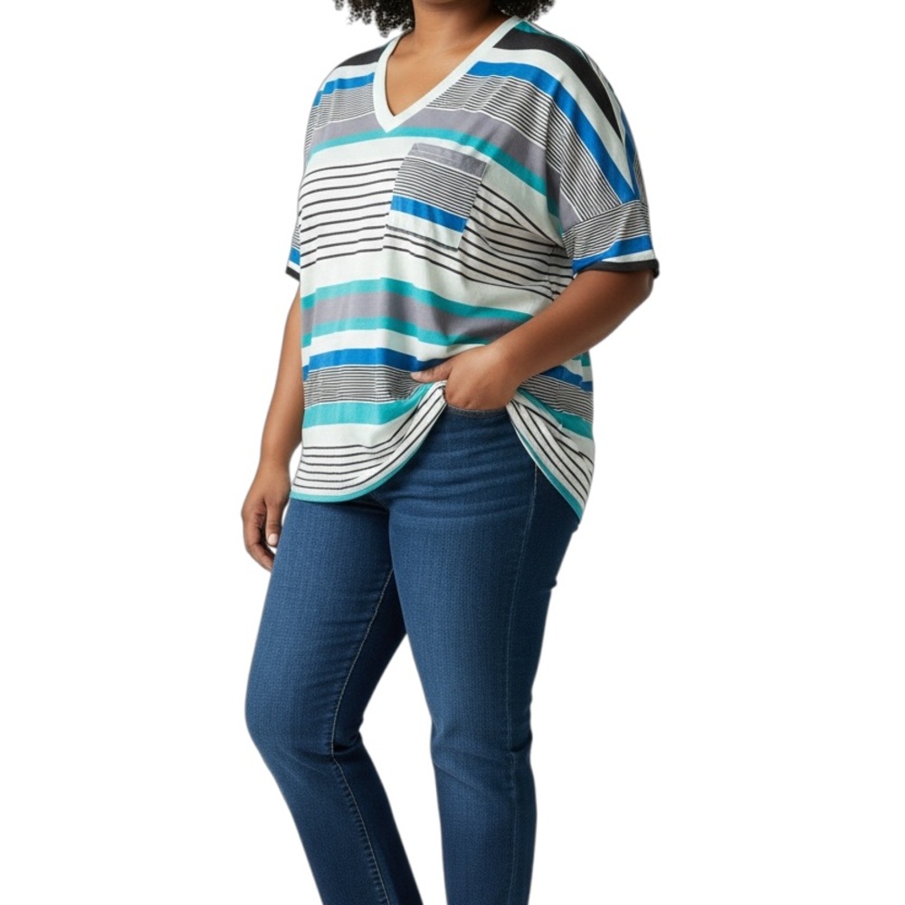 Two Casual Size 1X V-Neck Short Sleeve Pullover Multicolor Striped Tops - NWOT